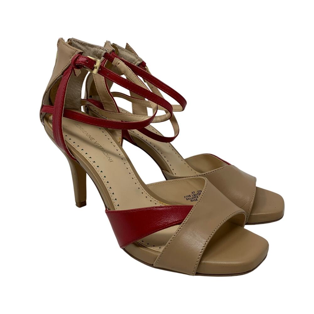 Adrienne Vittadini Av-Xtra Ankle Strap Pumps Heels Womens Sz 9.5 Tan Red Leather